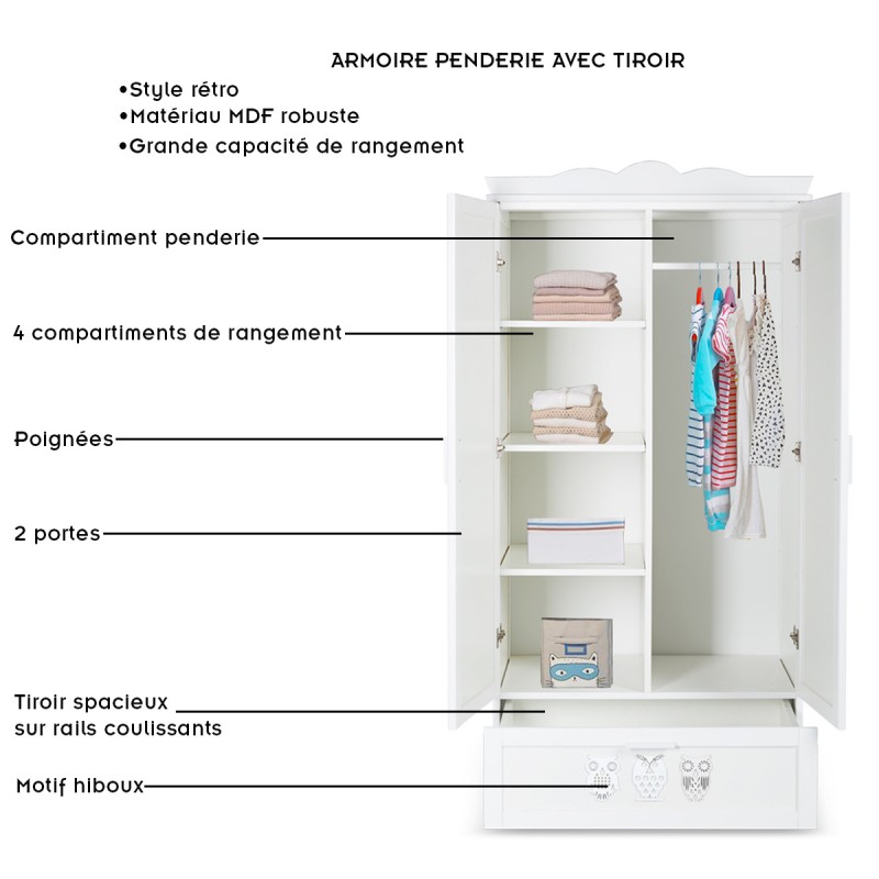 Armoire avec rayonnages, penderie et tiroir