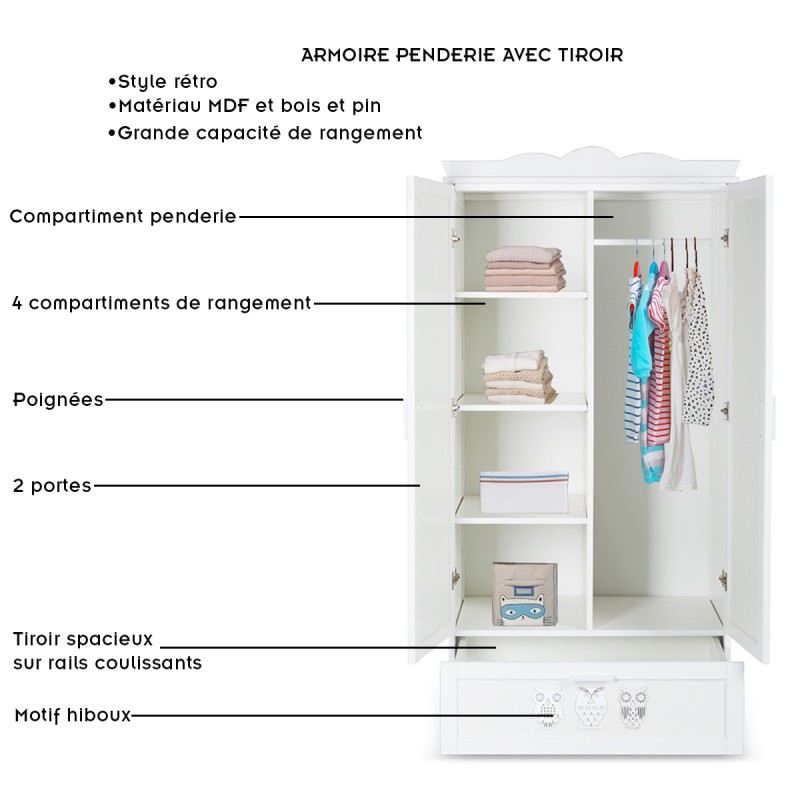 Plusieurs espaces de rangement: penderie, tiroir, rayonnages