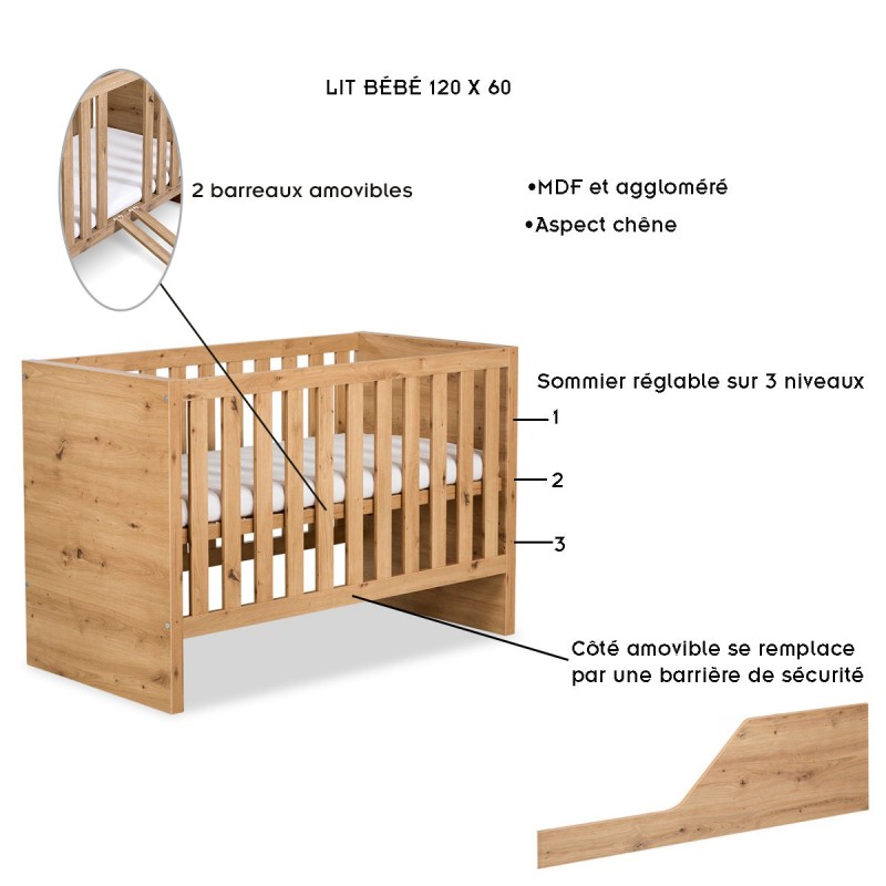 AMELIA Lit bébé 120x60 évolutif avec barrière de sécurité