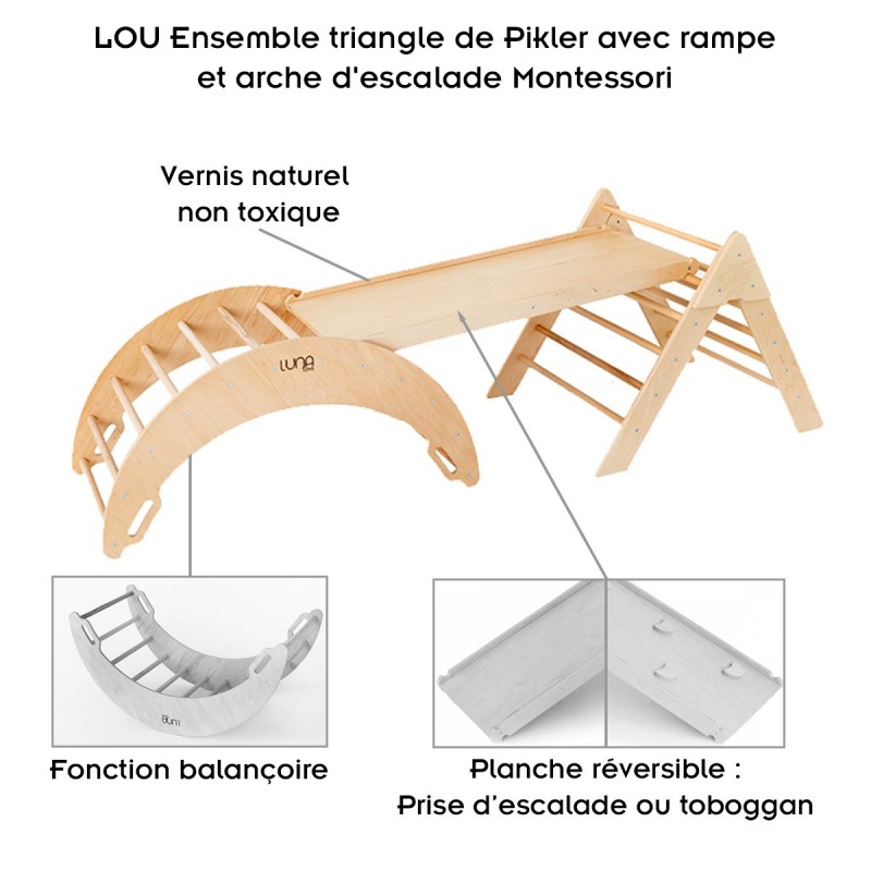 LOU Ensemble d'escalade Montessori : Triangle de Pikler avec rampe et arche d'apprentissage