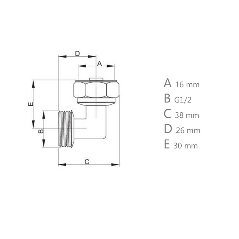 Raccord coudé 90° mâle / mâle 16x1/2" tube PER Ø16