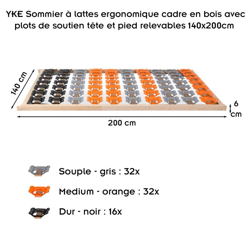 YKE Sommier à lattes ergonomique cadre en bois avec plots de soutien tête et pied relevables