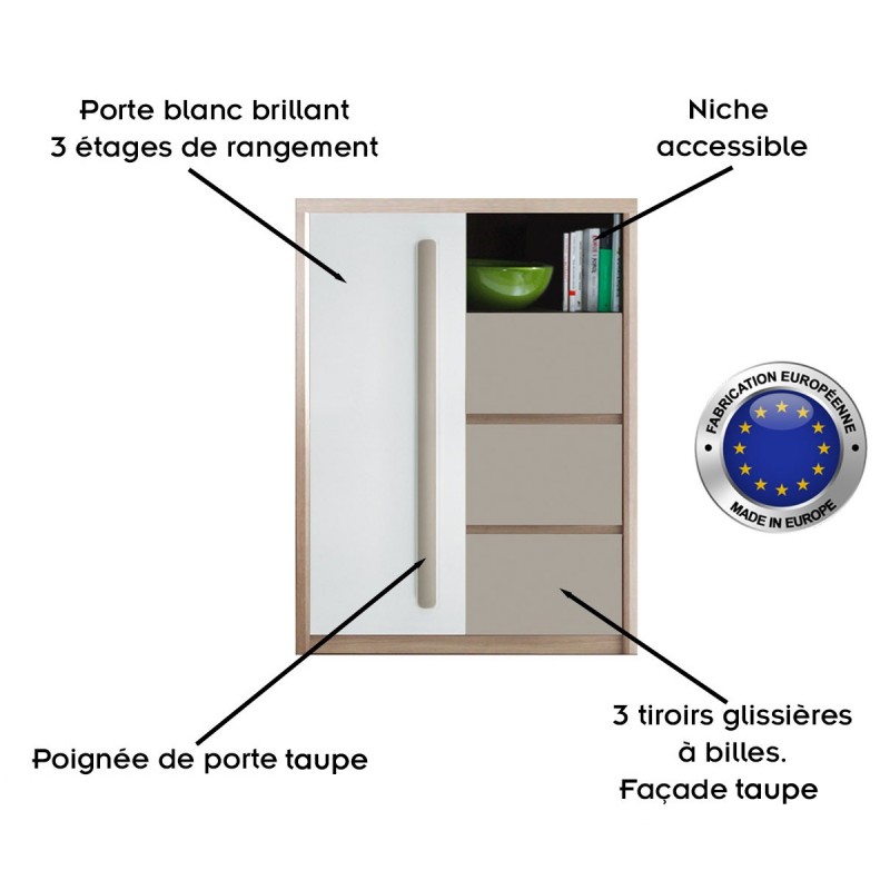 ROMA - Buffet commode 3 tiroirs glissants 1 porte battante 90x117 cm