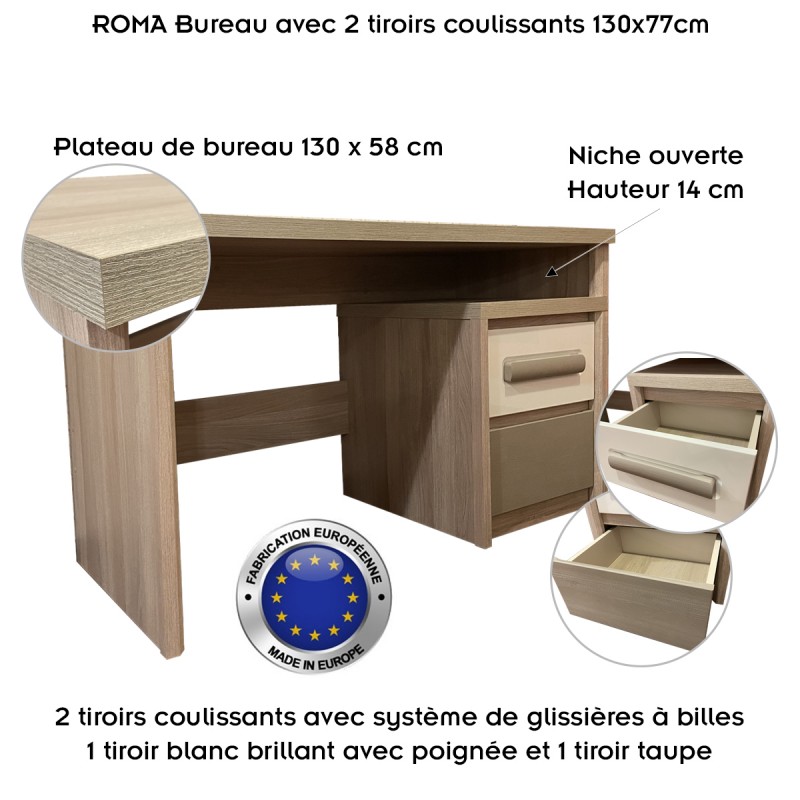 ROMA - Bureau avec 2 tiroirs coulissants  130x77cm