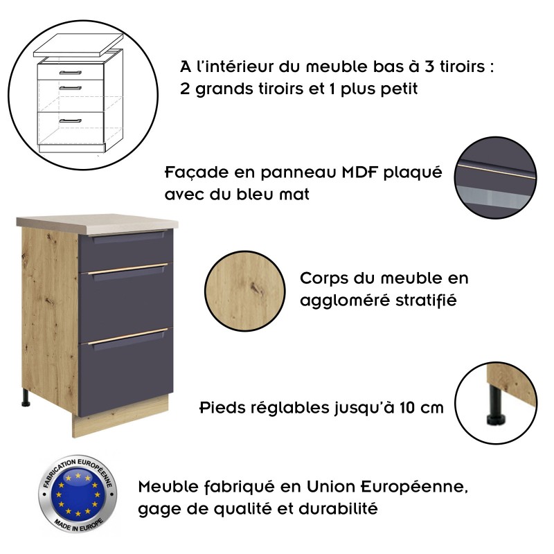 GLAM Ensemble meubles de cuisine L260 cm bleu mat et bois - plan de travail non inclus