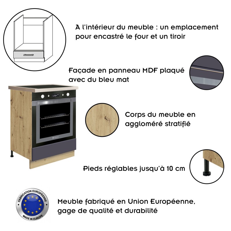 GLAM Ensemble meubles de cuisine L260 cm bleu mat et bois - plan de travail non inclus