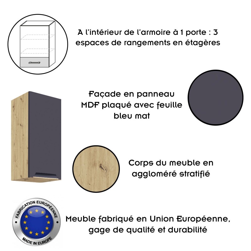 GLAM Ensemble meubles de cuisine L260 cm bleu mat et bois - plan de travail non inclus