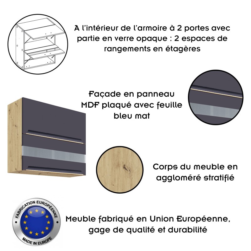 GLAM Ensemble meubles de cuisine L260 cm bleu mat et bois - plan de travail non inclus