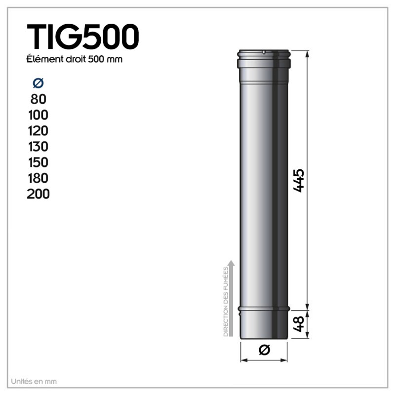 TIG500 Conduit simple paroi étanche polycombustible longueur 50 cm