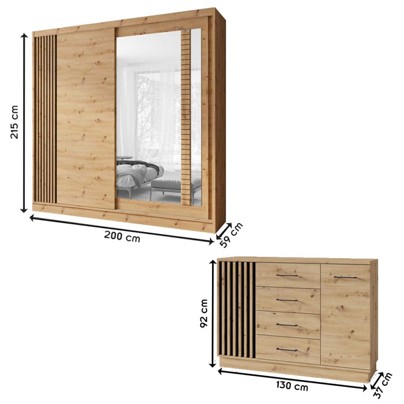 ARTIZ Ensemble Armoire portes coulissantes et Commode 4 tiroirs