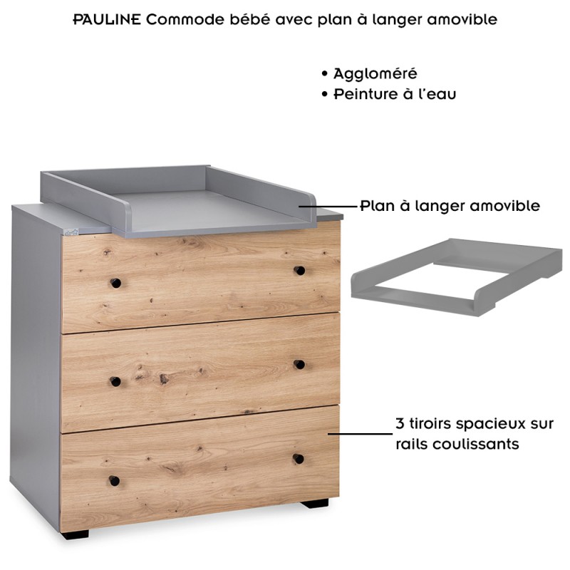 PAULINE Ensemble lit évolutif 120 x 60 bébé enfant et commode à langer