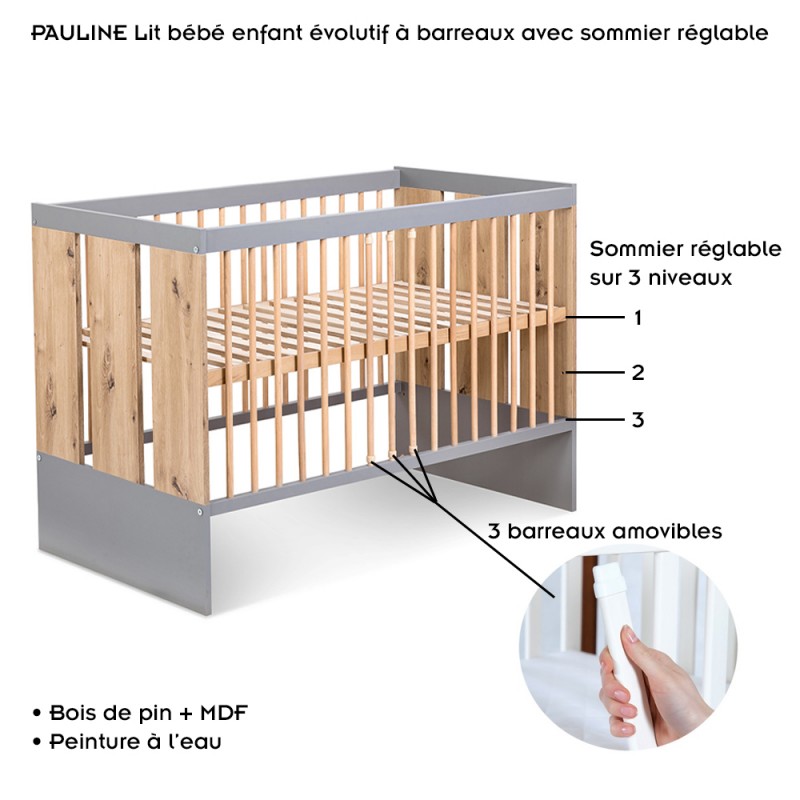 PAULINE Ensemble lit évolutif 120 x 60 bébé enfant et commode à langer