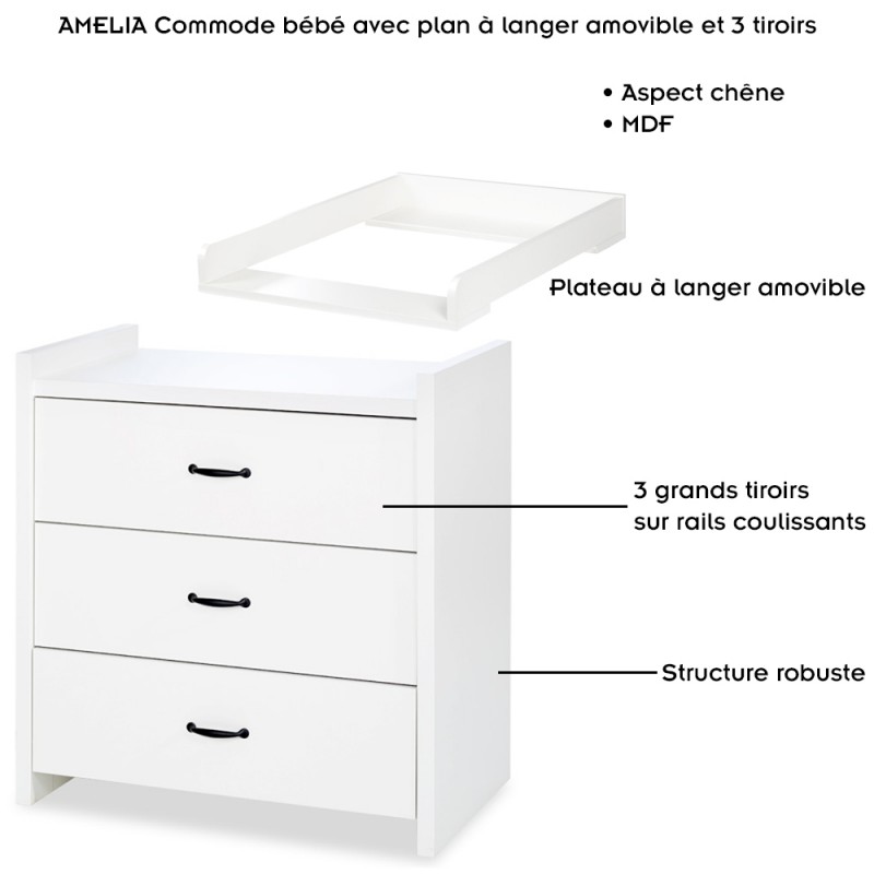 AMELIA Commode bébé avec plan à langer aspect chêne