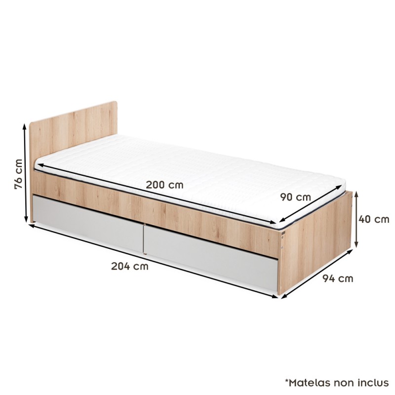 DALIA Lit adolescent enfant 90x200 avec tiroir style urbain