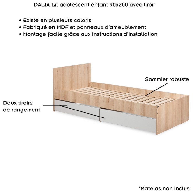 DALIA Lit adolescent enfant 90x200 avec tiroir style urbain