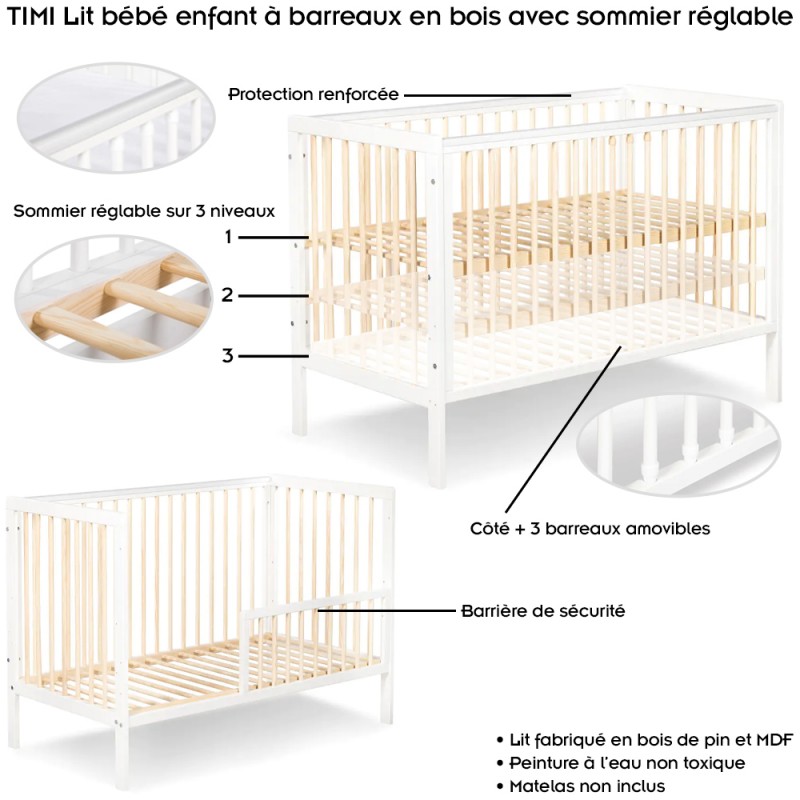 TIMI Lit bébé Blanc / Pin 