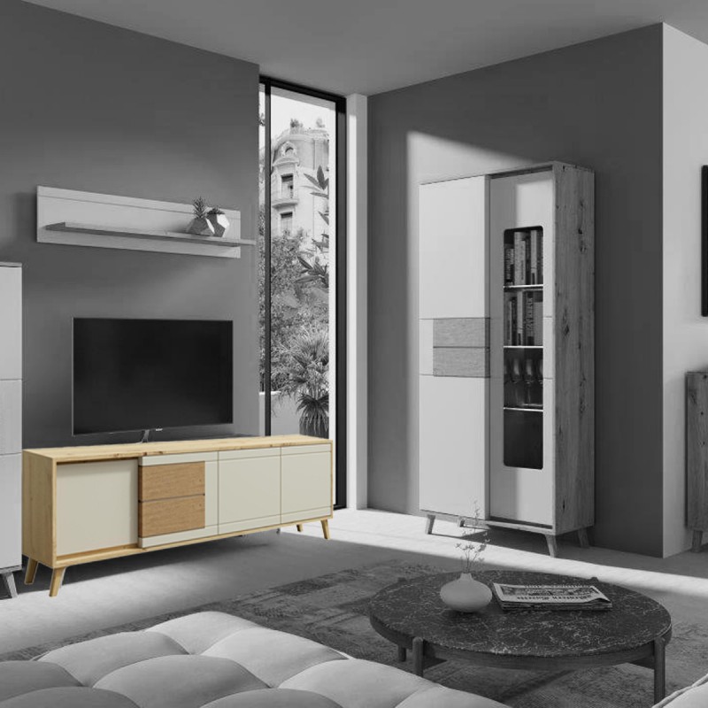 BRUNO Meuble TV 2 portes 2 tiroirs 171x53 cm en bois clair design intemporel