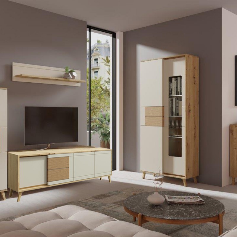 BRUNO Meuble TV 2 portes 2 tiroirs 171x53 cm en bois clair design intemporel