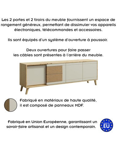 BRUNO Meuble TV 2 portes 2 tiroirs 171x53 cm en bois clair