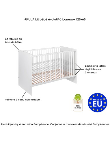 PAULA Lit bébé évolutif robuste à barreaux design moderne