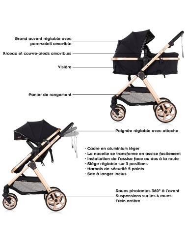 VISTA Poussette combinée jusqu'à 22 kg nacelle souple + assise classique avec cosy i-Size et base Isofix en option