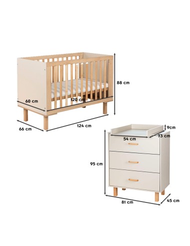 LAURA Ensemble bébé commode et lit évolutif 120x60 Champagne