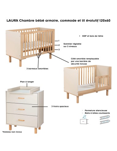 LAURA Chambre bébé armoire commode et lit évolutif 120x60 Champagne